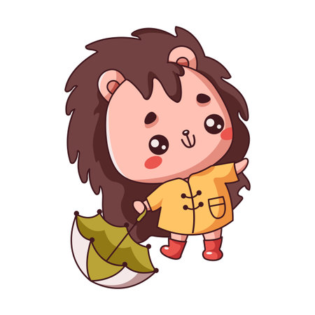 Little Kawaii hedgehog standing with umbrella flat color vector illustration. Funny forest animal strolling on autumn day on white backgroundのイラスト素材