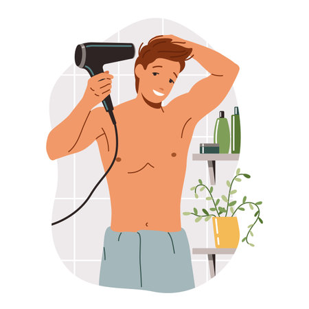 Young man with bare torso drying hair after shower flat color vector illustration. Handsome male taking care of hairstyle concept icon on whiteのイラスト素材