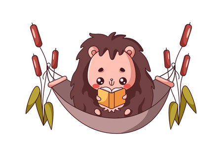 Endearing Kawaii hedgehog relaxing in hammock flat color vector style. Amusing forest creature enjoying good book icon on white backgroundのイラスト素材