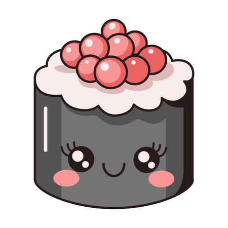 Whimsical sashimi with red caviar flat color vector image. Kawaii seafood character embodies Asian cuisine on white backgroundのイラスト素材