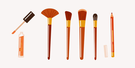 Lip gloss, brushes and pencil 2D cartoon objects set. Makeup accessories and products flat line vector objects on white backgroundのイラスト素材