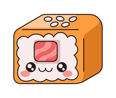 Kawaii cheese sushi roll smiling face flat color vector illustration. Asian seafood dish. Japanese dinner character on white backgroundのイラスト素材