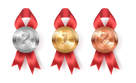 Competition winner medals with ribbons and bows realistic vector illustration. Sportsmen trophy for contest victory 3d models on whiteのイラスト素材