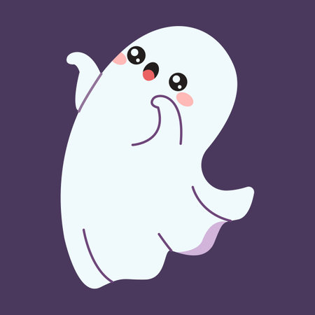 Childish ghost scaring flat color vector illustration. Happy Halloween card. Cute spirit with bedsheet concept icon on purple backgroundのイラスト素材