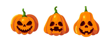 Evil orange Halloween pumpkins objects flat color vector icon set. Traditional spooky autumn holiday decor illustration pack on white backgroundのイラスト素材