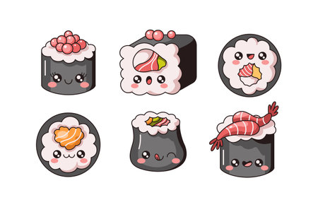 Childish Kawaii sushi rolls with tasty filling flat color vector illustration set. Japanese delicacy. Asian food treats characters on white collectionのイラスト素材