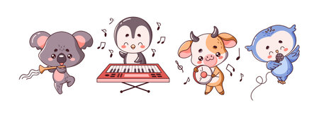 Animals during musical performances flat color vector illustrations set. Kawaii adorable musician characters with instrument on white backgroundのイラスト素材
