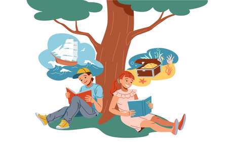 Children reading books about sailing and treasure flat color vector illustration. Friends enjoying travel stories under tree concept icon on whiteのイラスト素材