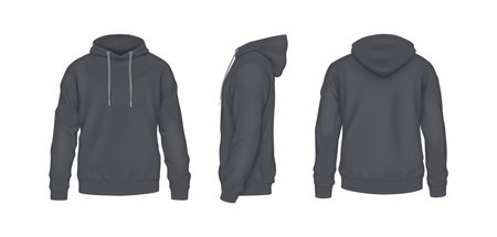 Gray sportive hoodies with copy space realistic vector illustration set. Cozy clothing with design mockup 3d models on white backgroundのイラスト素材