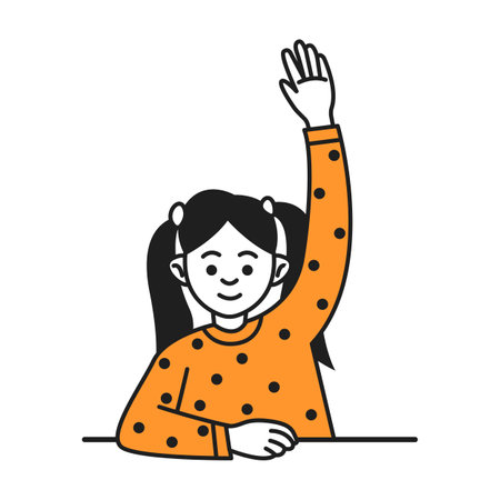 Girl student raising hand at desk doodle line and color illustration. Smart schoolgirl with ponytails working at lesson linear sketch vector personのイラスト素材