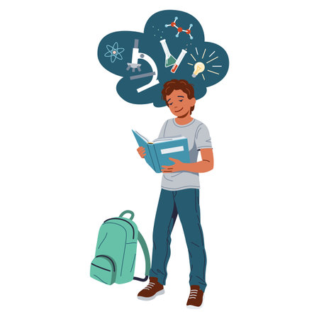 Smiling boy studies chemistry reading textbook flat color vector illustration. Teenager reads book standing near backpack on floor icon on whiteのイラスト素材
