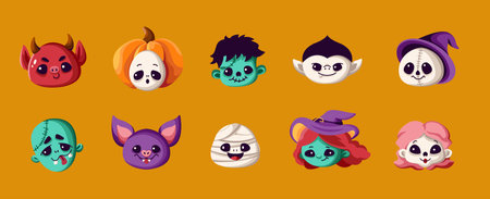 Little friendly monsters Halloween avatars color vector icon set. Cute spooky characters portraits illustration pack on orange backgroundのイラスト素材