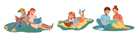 Happy children read books sitting on grass flat color vector icon set. Curious kids enjoy interesting stories illustration pack on white backgroundのイラスト素材