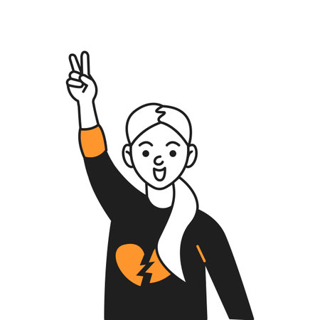 Smiling girl showing victory sign color line vector icon. Teenage child expressing cheerfulness by hand gesture character doodle illustrationのイラスト素材