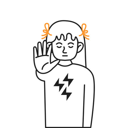 Little girl with closed eyes showing stop gesture color line vector icon. Child saying no to violence and discrimination character illustrationのイラスト素材