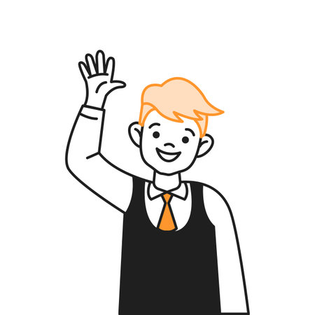Happy boy in school uniform waving hand color line icon. Friendly redhead schoolboy showing greeting gesture character doodle illustrationのイラスト素材