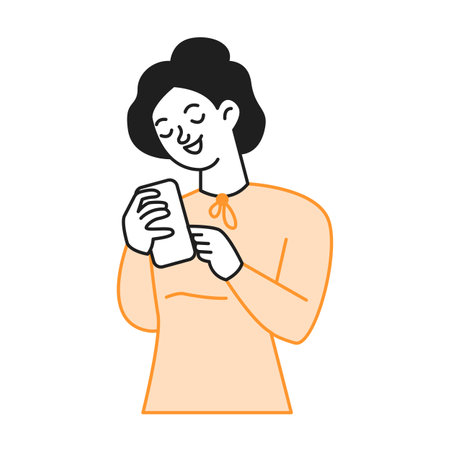 Young woman types message on smartphone color line vector icon. Smiling lady engages in online conversation character illustration on whiteのイラスト素材