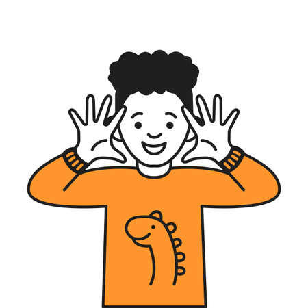 Happy boy in sweater with dinosaur scaring for fun color vector line icon. Kid showing hands with open palms to threaten character illustrationのイラスト素材
