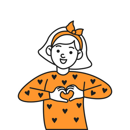 Smiling little girl making heart shape with hands color linear icon. Happy child radiating positive and love character doodle illustrationのイラスト素材
