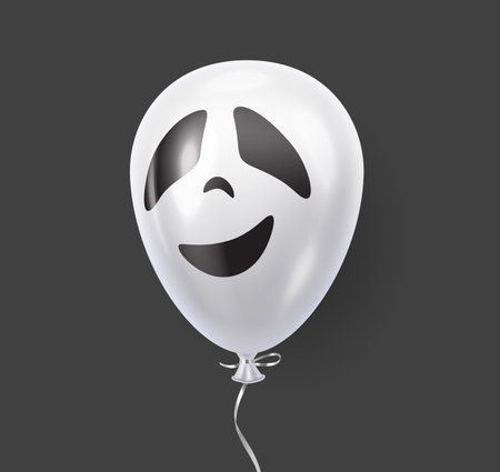 White balloon with smiling black ghost face realistic vector illustration. Halloween party invitations 3d object image on black backgroundのイラスト素材