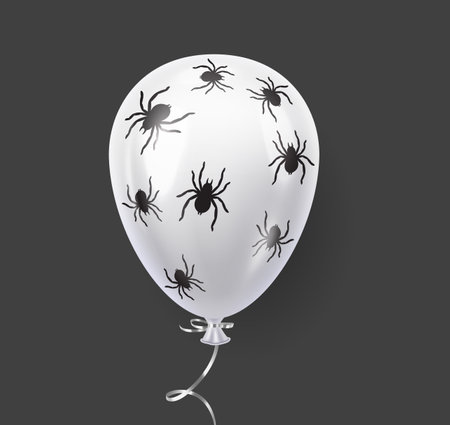 White balloon with spider silhouettes realistic vector illustration. Scary Halloween decoration 3d object image on black backgroundのイラスト素材