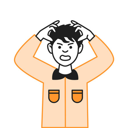 Angry male student touches dark hair color vector line icon. Irritated boy expresses negative emotions character doodle illustration on whiteのイラスト素材