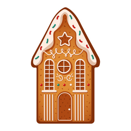 Gingerbread house decorated with icing flat color vector object. Tasty cookie creating cozy holiday atmosphere illustration on white backgroundのイラスト素材