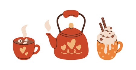 Steaming kettle with cocoa mugs flat color vector objects set. Christmas hot chocolate with marshmallows and whipped cream illustrations on whiteのイラスト素材