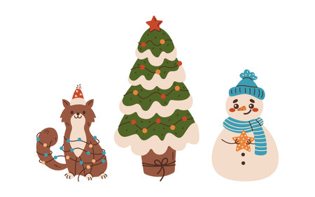 Cat near decorated Christmas tree and snowman flat color vector objects set. Happy winter holiday celebration symbols illustrations on whiteのイラスト素材