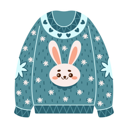 Cozy Christmas sweater with bunny face flat color vector object. Warm apparel for festive atmosphere illustration on white backgroundのイラスト素材