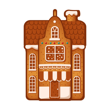 Charming gingerbread house with frosting flat color vector object. Christmas holiday vintage building cookie illustration on whiteのイラスト素材