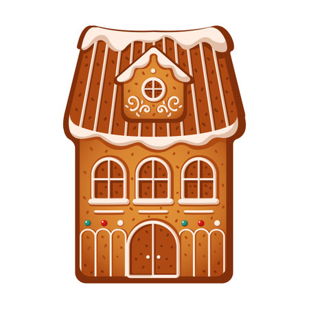 Charming gingerbread house decorated with icing flat color vector object. Christmas children dessert for winter holidays illustration on whiteのイラスト素材