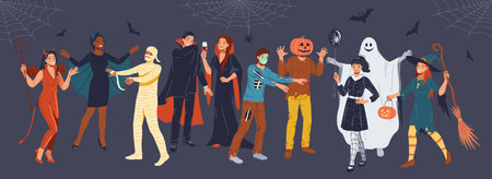 Group of friends in spooky Halloween costumes flat color vector illustration. Adults enjoying eerie party cartoon composition on grey backgroundのイラスト素材