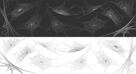 Mystery spiderwebs Halloween decor realistic icons vector set. Spooky cobweb patterns 3d objects illustrations on contrast backgroundsのイラスト素材