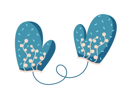 Pair of blue mittens with cute pattern and string flat color vector object. Clothing waiting to warm up cold hands illustration on whiteのイラスト素材