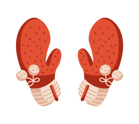 Warm and cozy winter festive red mittens with pompoms flat color vector object. Christmas style handwear of woven illustration on whiteのイラスト素材