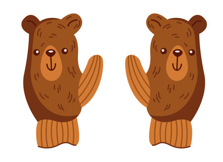Adorable brown bear shaped gloves flat color vector object. Happily animal faces on hand warming accessories illustration on whiteのイラスト素材