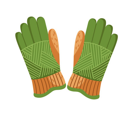 Green winter gloves with orange details flat color vector object. Accessories providing warmth and protection from cold illustration on whiteのイラスト素材