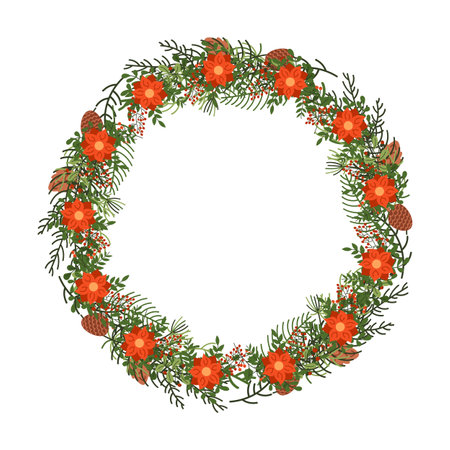 Christmas wreath with red flowers and pine cones flat color vector object. Holiday spirit radiating ornament illustration on white backgroundのイラスト素材