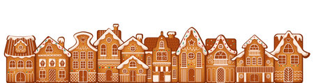 Charming festive gingerbread houses row flat color vector illustration. Town with intricate icing details cartoon composition on white backgroundのイラスト素材