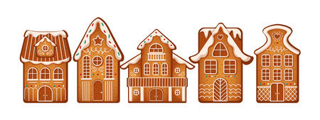 Cute gingerbread houses with cream decor flat color vector objects set. Cookies showing Christmas spirit illustrations on white backgroundのイラスト素材