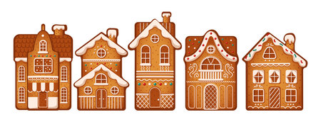 Festive gingerbread houses adorned with icing flat color vector objects set. Sweet treats honor of Christmas holidays illustrations on whiteのイラスト素材