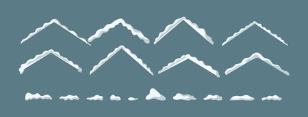 Snow caps for decorating house roofs flat color vector objects set. Concept of winter season illustrations bundle on green backgroundのイラスト素材