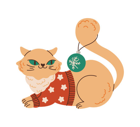 Funny New Year cat with holiday bauble on tail flat color vector character. Playful animal in holiday sweater illustration on white backgroundのイラスト素材