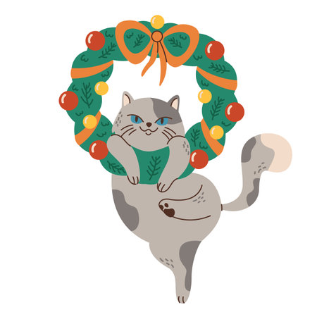 Fat cat hanging on Christmas wreath flat color vector character. Pet playing with new year ornament holidays illustration on white backgroundのイラスト素材