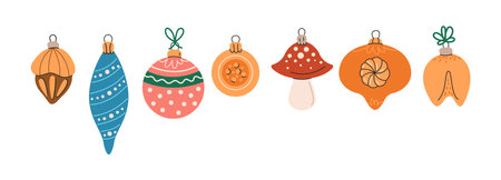 Christmas tree baubles flat color vector objects set. Vintage new year holiday ornaments illustrations bundle on white backgroundのイラスト素材