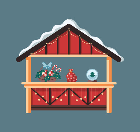 Festive fair shop with decorations flat color vector object. Fairy market stall for Christmas celebration illustration on green backgroundのイラスト素材