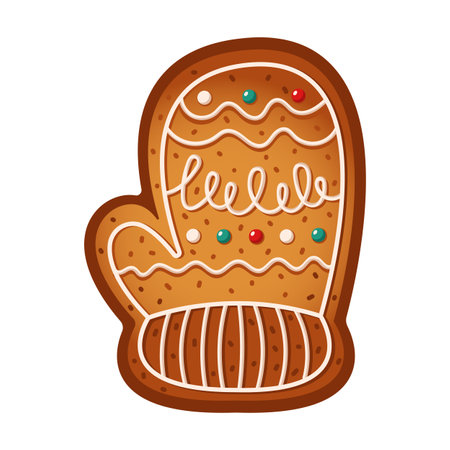 Gingerbread mitten adorned with glaze flat color vector object. Festive homemade pastry for Christmas celebration illustration on whiteのイラスト素材