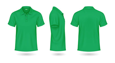Modern green polo t-shirts mockup realistic vector illustrations set. Casual attire for summer season template 3d model on white backgroundのイラスト素材