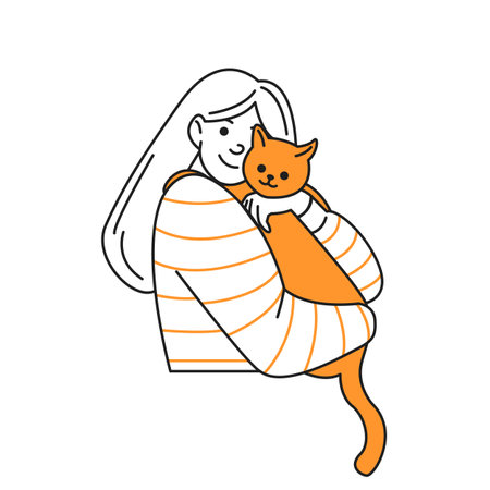 Smiling woman hugging cute red cat color linear icon. Blonde female pet owner with domestic animal character doodle simple illustrationのイラスト素材